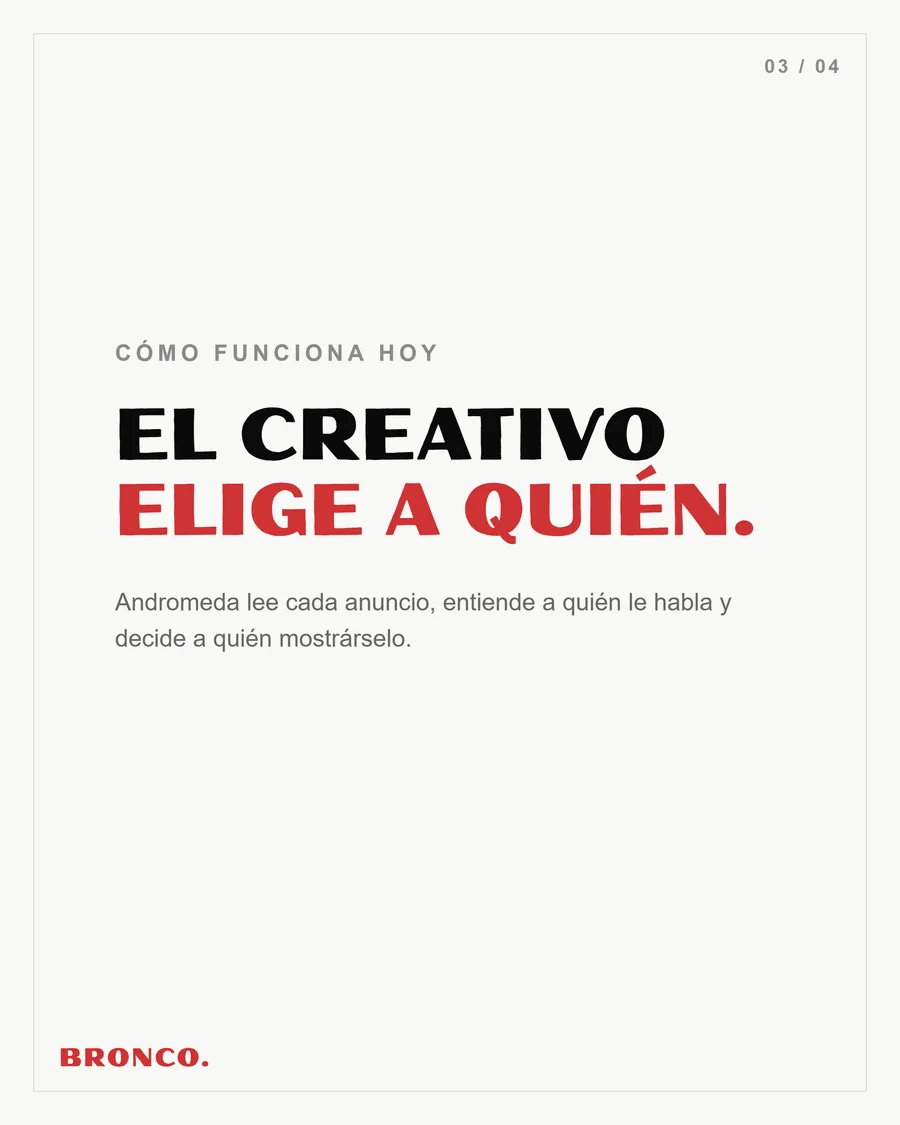 Slide 3 de 4: El creativo elige a quién. Andromeda lee cada anuncio y decide a quién mostrárselo